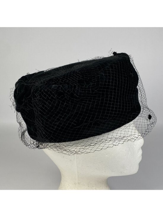 Vintage Black Velvet Pillbox Hat Face Veil with Dot Accents Union Label